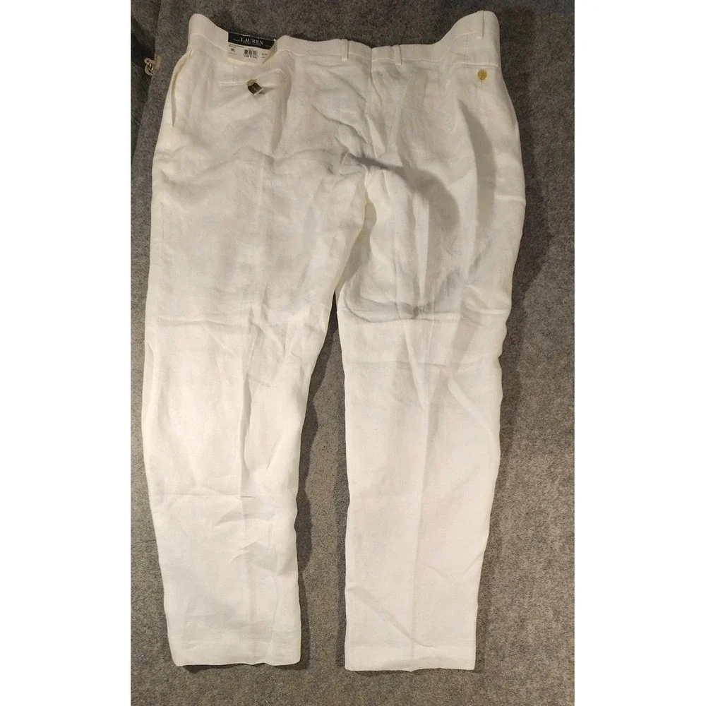 Vintage Ralph Lauren Pants Mens 48x34 White Neville Linen Flat Front Big Tall‎